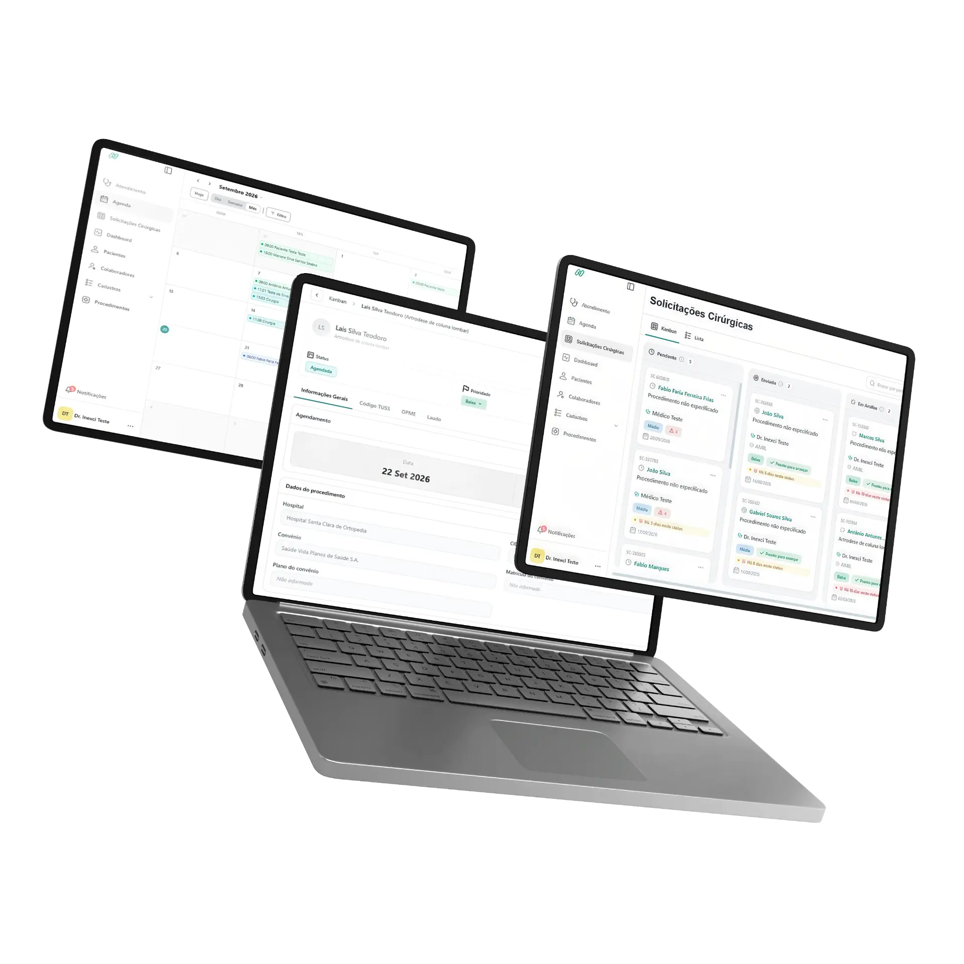 Plataforma Inexci em um notebook com as telas de agenda e solicitações cirúrgicas